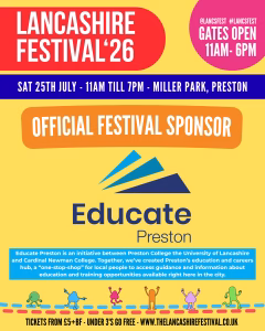 Yellow poster with announcement that Educate Preston have sponsored £750 to the festival.